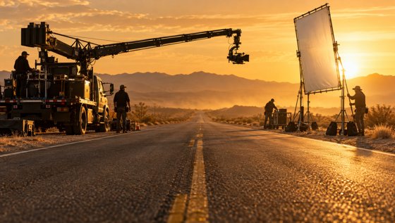 Board: the crane over the road at golden hour