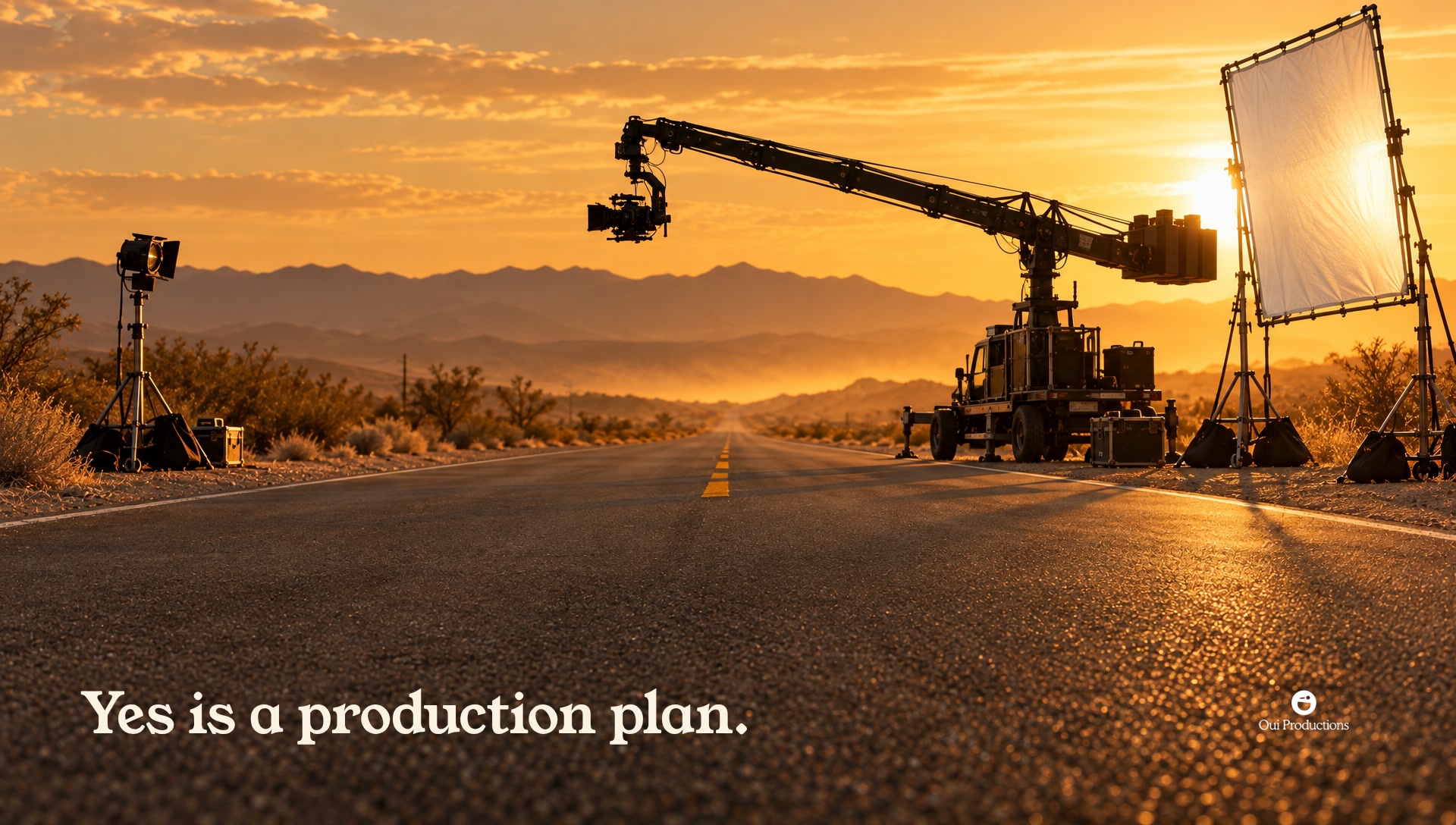 Key art: a camera crane over a desert road