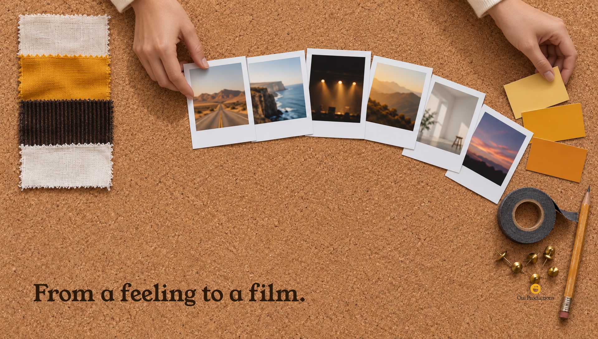 Key art: hands arranging prints on a cork board